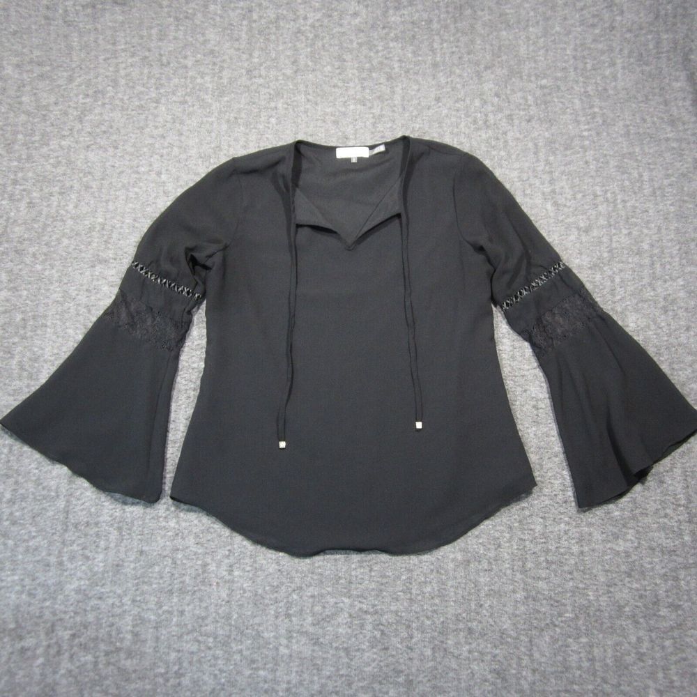 Calvin Klein Blouse Womens‎ S Black Tie Front Lace Bell Sleeve Witchy Goth Shirt